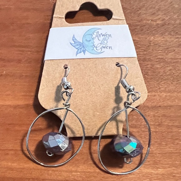 Gold Tone Hoop Earrings with Multifaceted Acrylic Black Bead - Picture 2 of 2